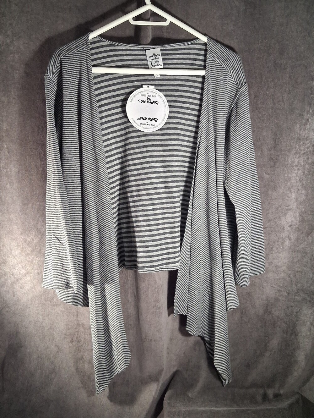 Parsley & Sage Grey + Charcoal Striped Open Front Reversible Cardigan NWT 1X